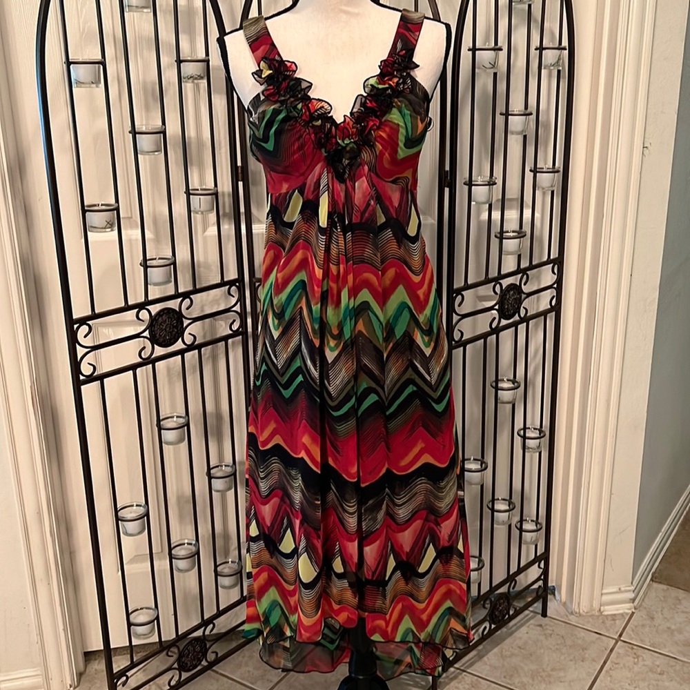 Multicolored Lined sundress with high/low hem.
